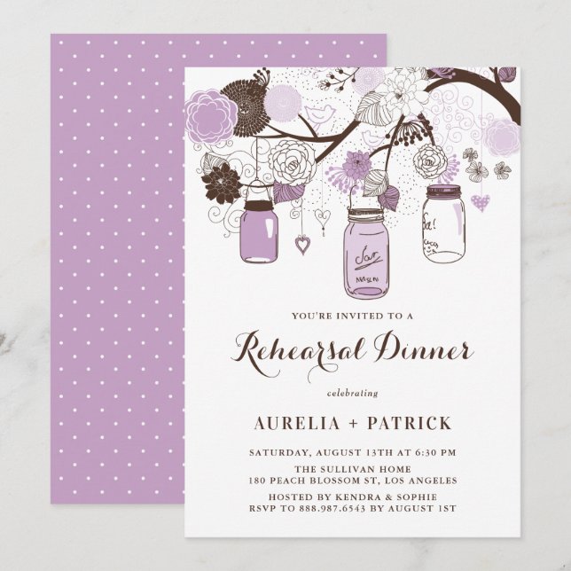 Invitation Dîner de répétition Lilac Purple Mason Jars (Devant / Derrière)