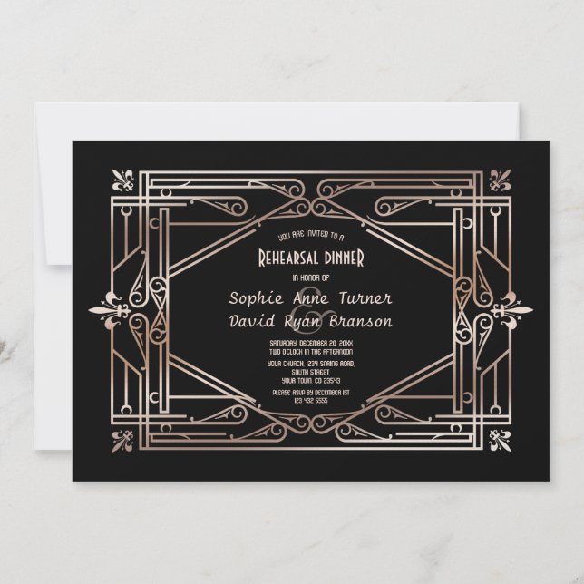 Invitation Dîner de répétition Luxe Or Gatsby Art Déco (Devant)