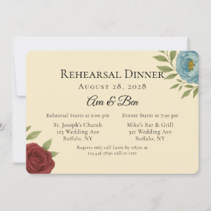 Invitation Dîner de répétition Lyons Blue & Dark Red Peony