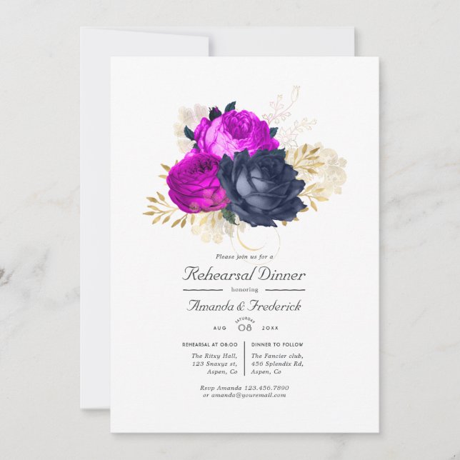 Invitation Dîner de répétition Magenta Navy et Gold Floral (Devant)