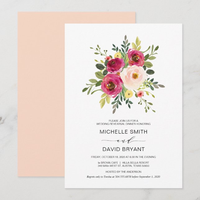 Invitation Dîner de répétition Mariage à la florale rose rous (Devant / Derrière)