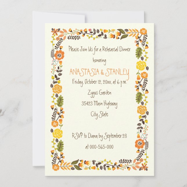 Invitation Dîner de répétition mariage à la frontière florale (Devant)