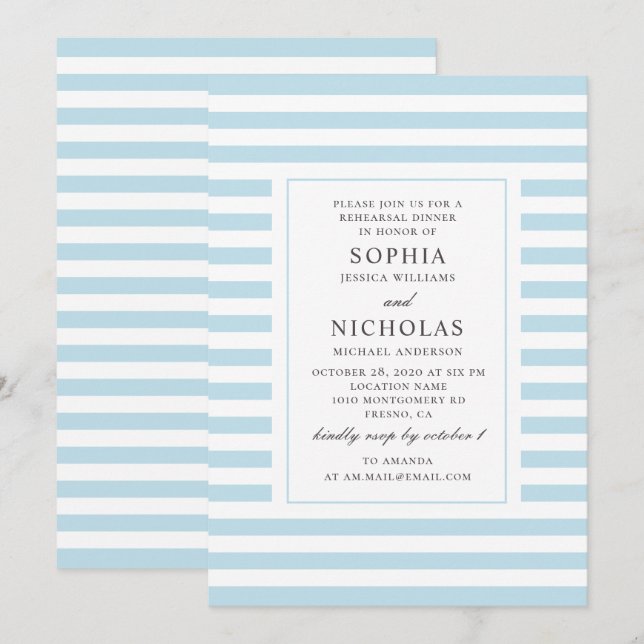 Invitation Dîner de répétition mariage à rayures bleues (Devant / Derrière)