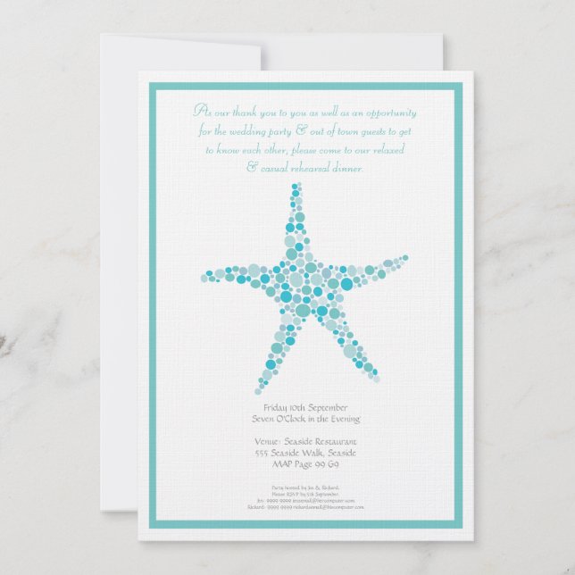 Invitation Dîner de répétition Mariage Aqua Estarfish Turquoi (Devant)