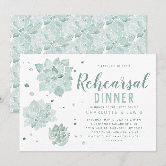 Invitation Dîner de répétition Mariage aquarelle Succulente (Devant / Derrière)