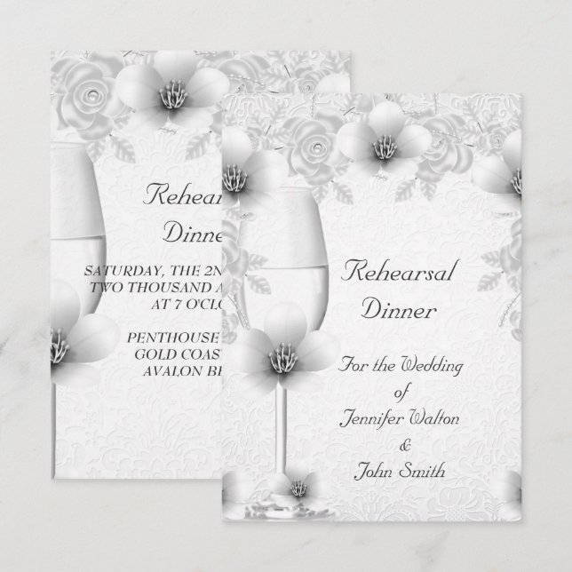 Invitation Dîner de répétition Mariage argent blanc rose fleu (Devant / Derrière)