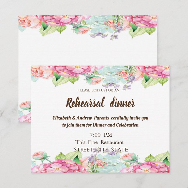 Invitation Dîner de répétition Mariage aux fleurs d'aquarelle (Devant / Derrière)