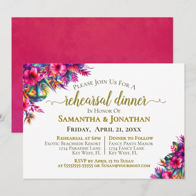 Invitation Dîner de répétition Mariage aux fleurs tropicales  (Devant / Derrière)