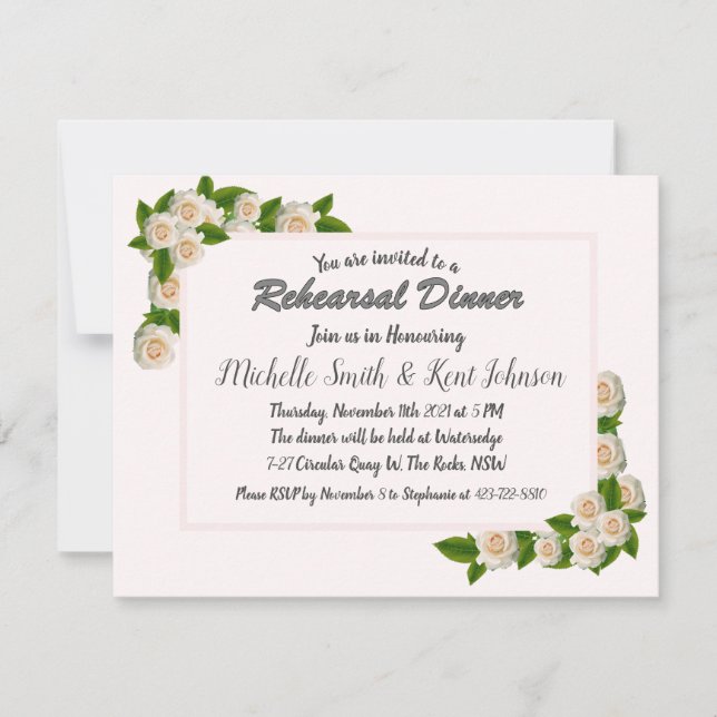 Invitation Dîner de répétition Mariage aux Roses blanches élé (Devant)