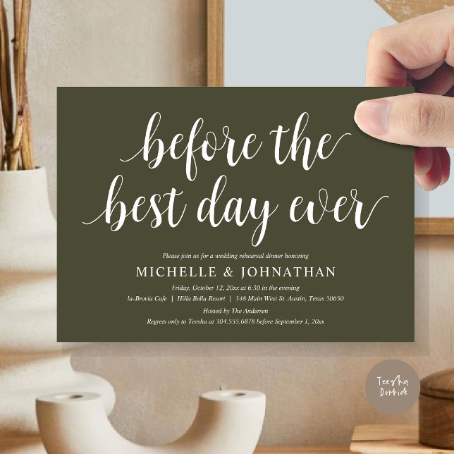 Invitation Dîner De Répétition mariage, Avant Le Meilleur Jou (Before the best day ever, wedding rehearsal dinner invitation card, PDF, in Olive Green)