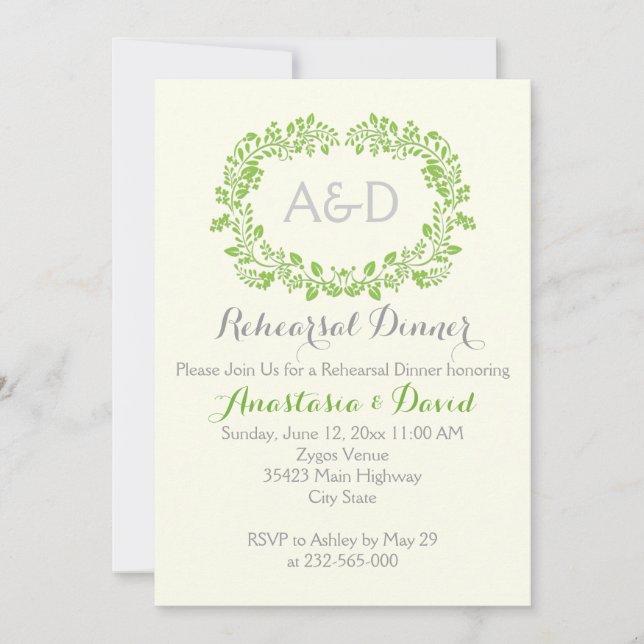 Invitation Dîner de répétition mariage avec initiales de feui (Devant)
