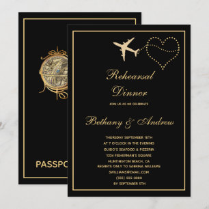 Invitation Dîner de répétition Mariage Black Gold Travel
