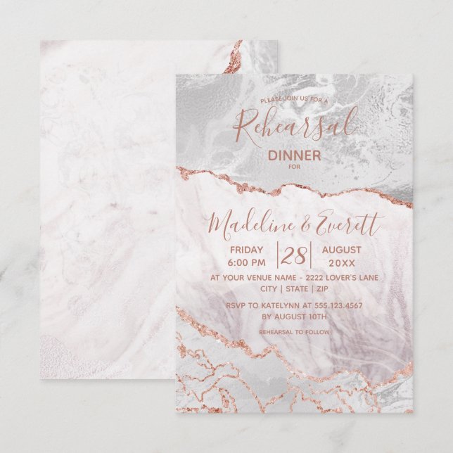 Invitation Dîner de répétition Mariage blanc et Rose Gold Aga (Devant / Derrière)