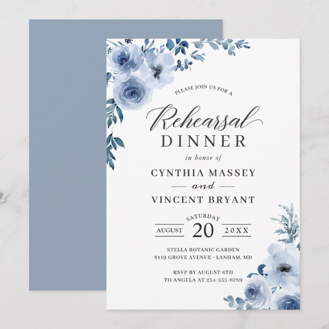 Invitation Dîner de répétition Mariage bleu Dusty (Devant / Derrière)