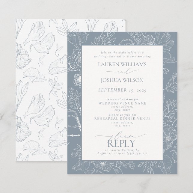 Invitation Dîner de répétition Mariage bleu Dusty élégant (Devant / Derrière)