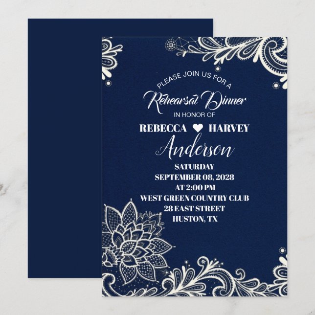 Invitation dîner de répétition mariage bleu marine (Devant / Derrière)