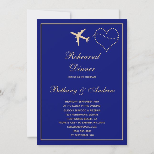 Invitation Dîner de répétition Mariage Blue Gold Travel (Devant)
