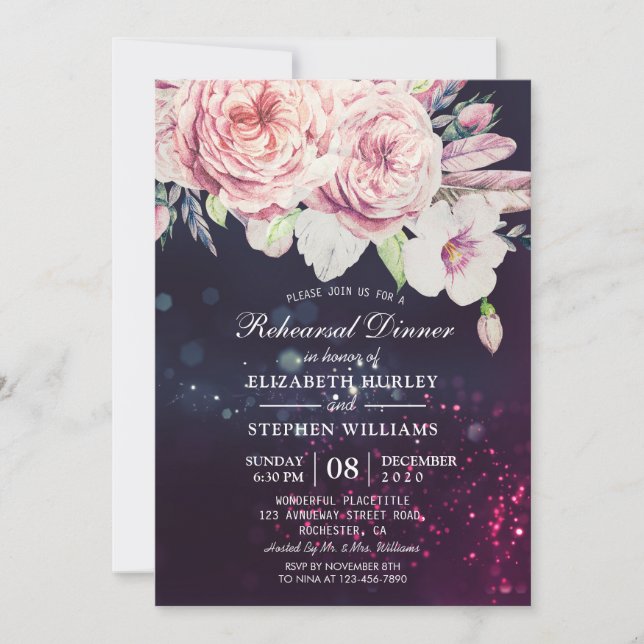 Invitation Dîner de répétition mariage Boho Floral Purple Lum (Devant)