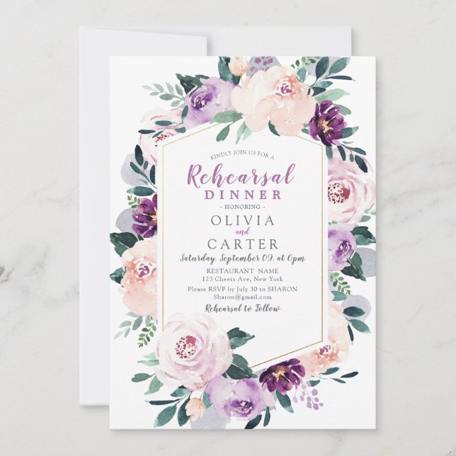 Invitation Dîner de répétition mariage botanique pourpre fleu (Devant)