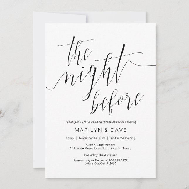 Invitation Dîner de répétition Mariage, calligraphie noire si (Devant)