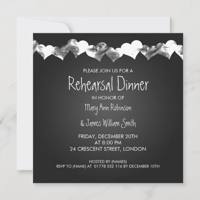 Invitation Dîner de répétition Mariage Coeurs de grunge Noirs (Devant)