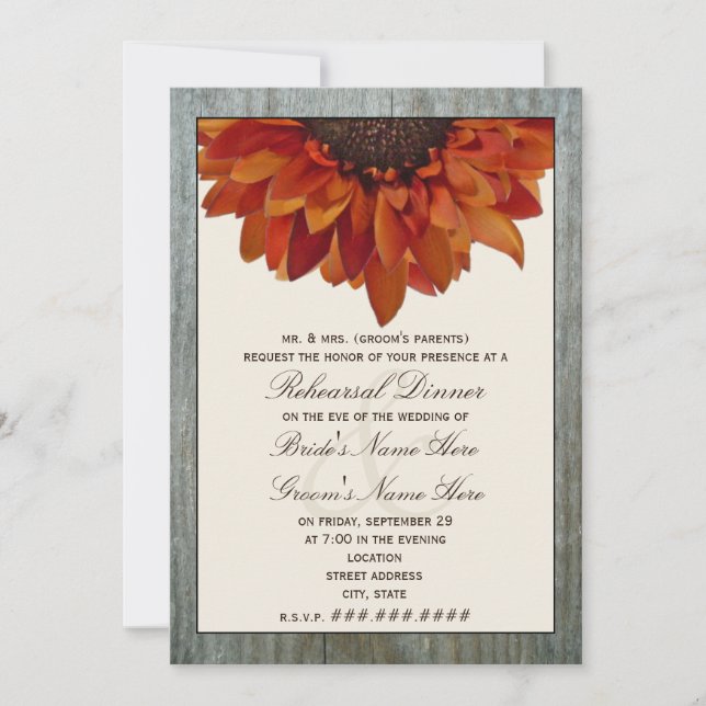 Invitation Dîner de répétition Mariage de automne - tournesol (Devant)