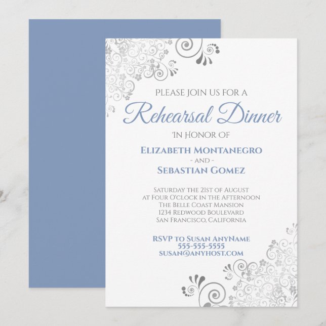 Invitation Dîner de répétition Mariage de boucles bleues et g (Devant / Derrière)