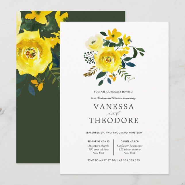 Invitation Dîner de répétition Mariage de bouquet jaune vibre (Devant / Derrière)