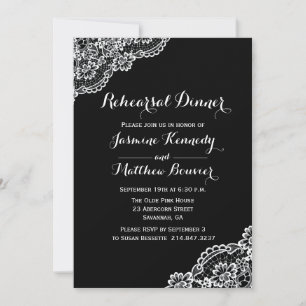 Invitation Dîner de répétition Mariage de dentelle noire et b