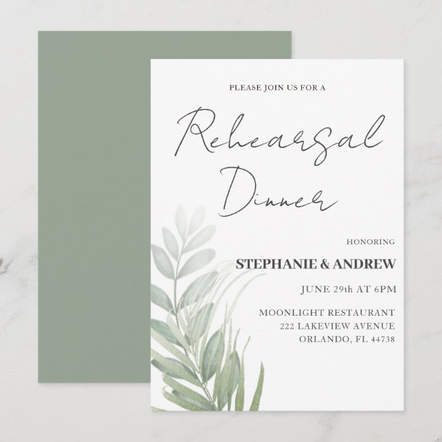 Invitation Dîner de répétition Mariage de feuillage vert (Devant / Derrière)