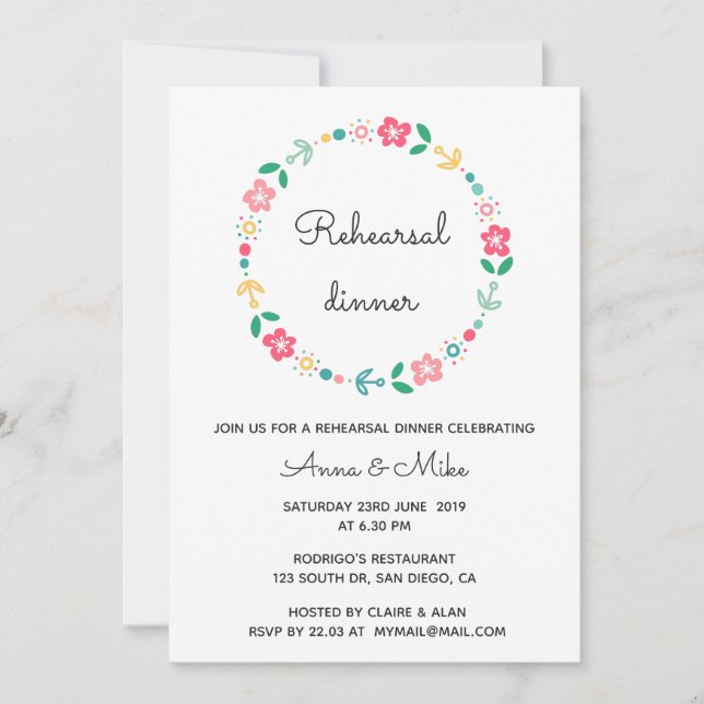 Invitation Dîner de répétition mariage de la couronne de fleu (Devant)