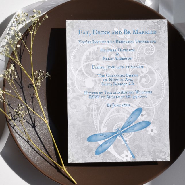 Invitation Dîner de répétition Mariage de libellules bleues I (Blue Dragonfly Wedding Rehearsal Dinner Invitation)