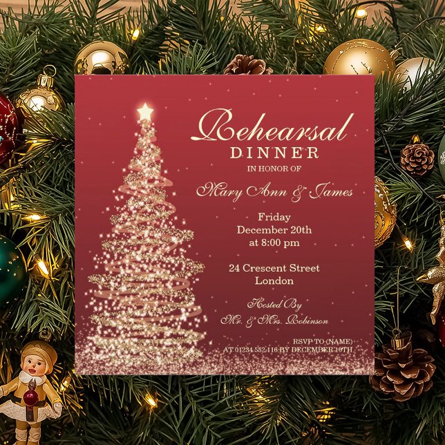 Invitation Dîner de répétition Mariage de Noël Or rouge (Christmas Wedding Rehearsal Dinner Red Gold Invitation)