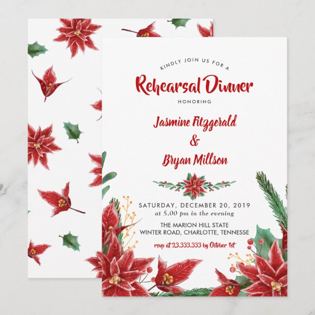 Invitation Dîner de répétition Mariage de Noël Red Poinsettia (Devant / Derrière)