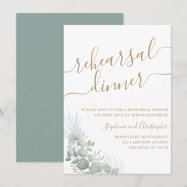 Invitation Dîner de répétition Mariage de script d'or de feui (Devant / Derrière)