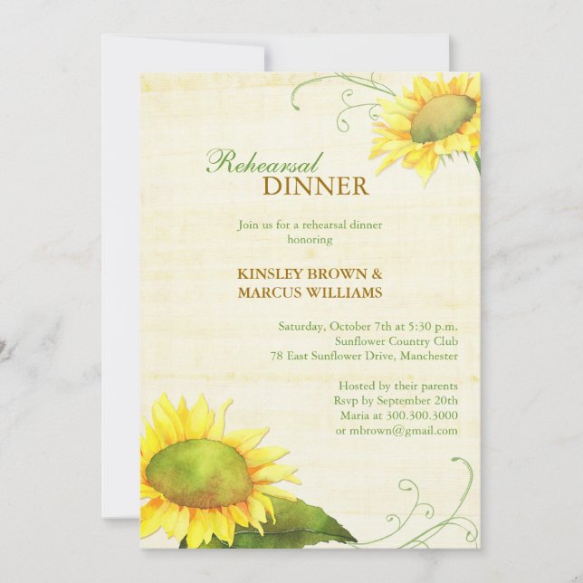 Invitation Dîner de répétition Mariage de tournesol (Devant)
