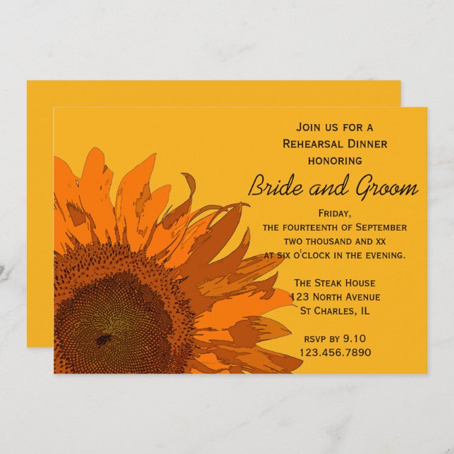 Invitation Dîner de répétition Mariage de tournesol orange (Devant / Derrière)