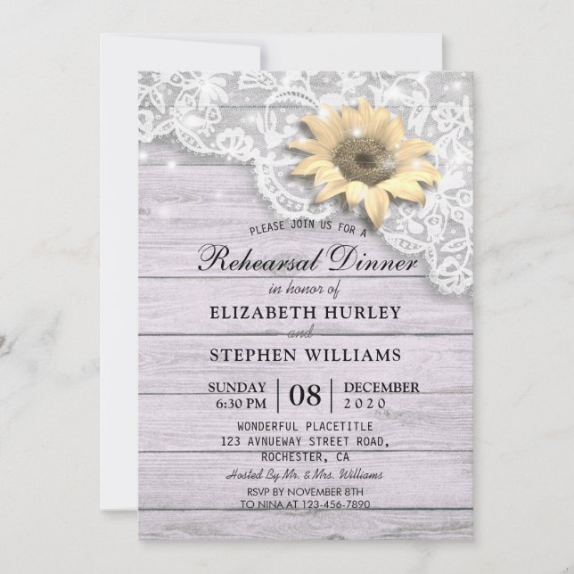 Invitation Dîner de répétition mariage dentelle tournesol boi (Devant)