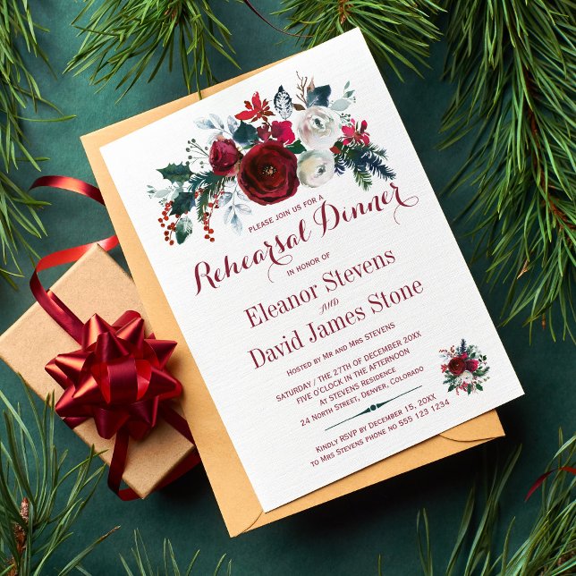 Invitation Dîner de répétition mariage d'hiver rouge floral (Créateur téléchargé)