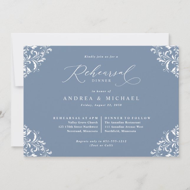 Invitation Dîner de répétition Mariage Dusty Blue élégant (Devant)
