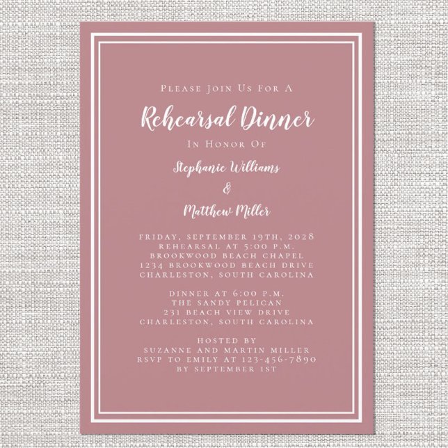 Invitation Dîner de répétition mariage Dusty Rose Moderne Sim (Créateur téléchargé)