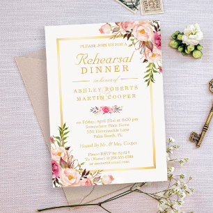 Invitation Dîner de répétition mariage Élégant Chic Gold Flor