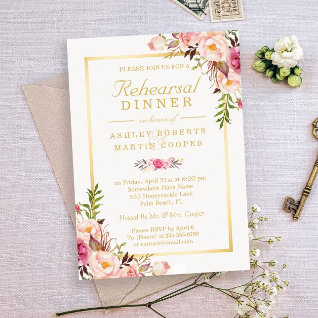 Invitation Dîner de répétition mariage Élégant Chic Gold Flor (Créateur téléchargé)
