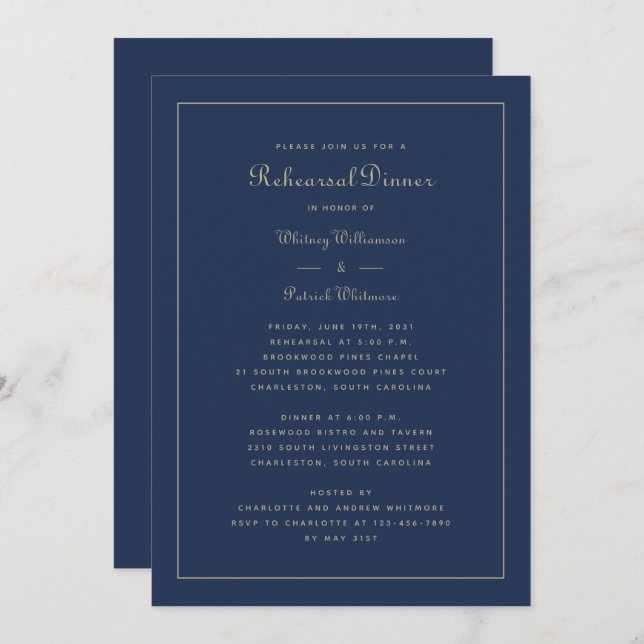 Invitation Dîner de répétition Mariage élégant Marine Blue Go (Devant / Derrière)