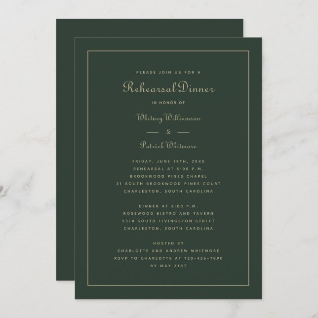 Invitation Dîner de répétition Mariage Emerald Green & Gold (Devant / Derrière)