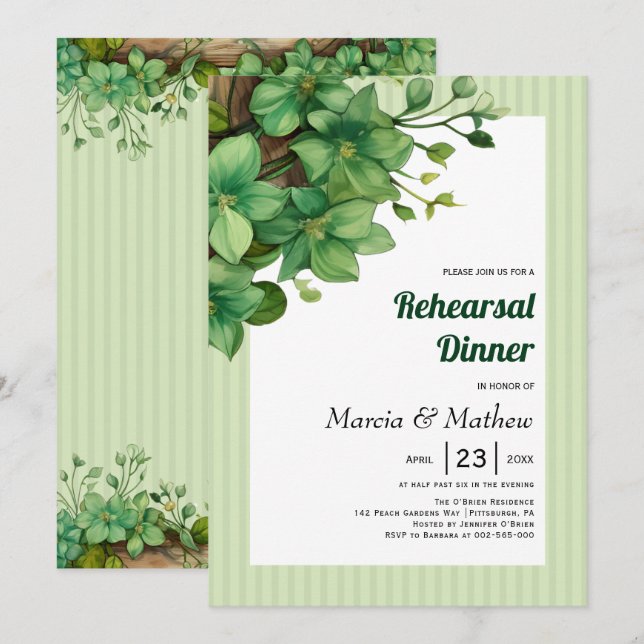 Invitation Dîner de répétition mariage en bois de verdure et  (Devant / Derrière)