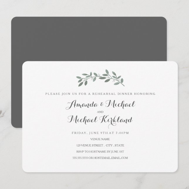 Invitation Dîner de répétition Mariage Eucalyptus élégant (Devant / Derrière)