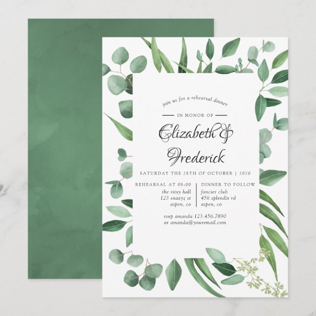 Invitation Dîner de répétition Mariage Eucalyptus Green (Devant / Derrière)