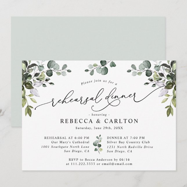 Invitation Dîner de répétition Mariage Eucalyptus Green (Devant / Derrière)