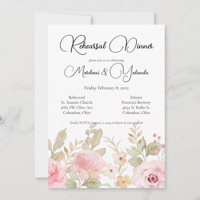 Invitation Dîner de répétition Mariage floral élégant (Devant)